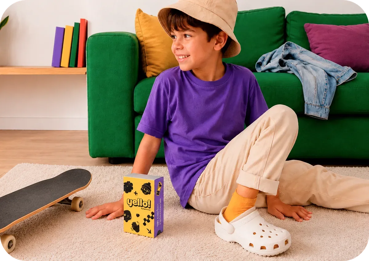 A kid at home with their Yello box